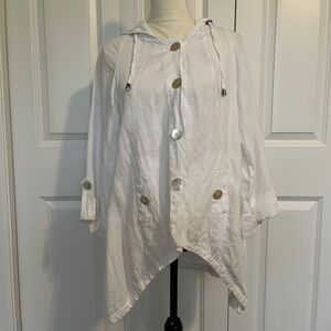 SIGRID OLSEN Sz SMALL WHITE JACKET 100% LINEN W HOOD FOUR BUTTONS